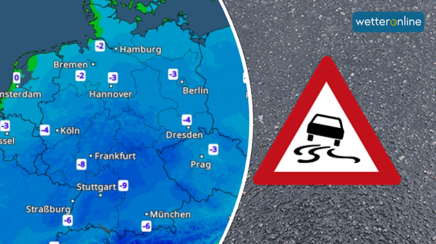 Wetterkarte mit Frostwerten und Glättewarnschild für Deutschland.