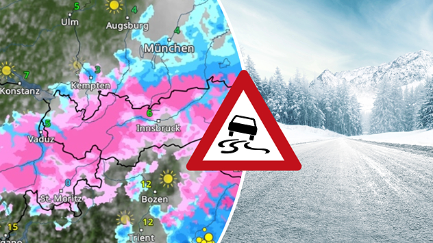 Links das WetterRadar für die Alpen, rechts eine schneebedeckte Straße. Ein Warnsymbol warnt vor Schneeglätte.