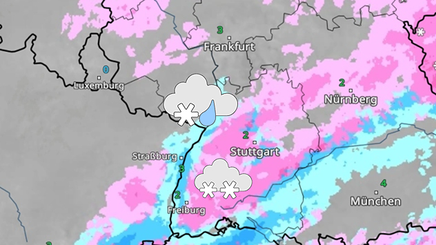 Wetterkarte mit Schneefall und Regen über Südwestdeutschland. Niederschlagsband von Freiburg bis Stuttgart dargestellt.