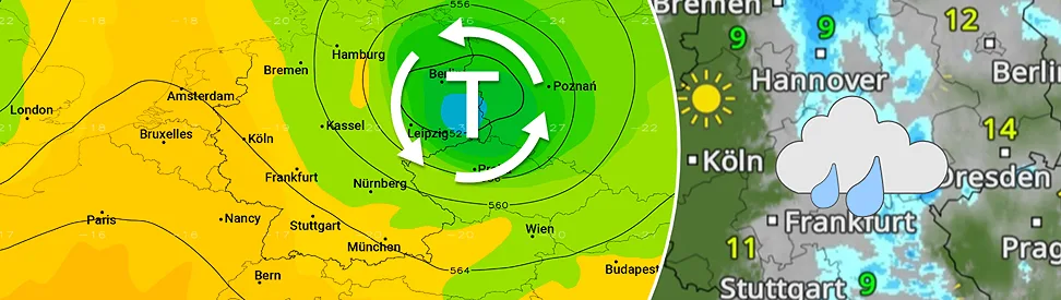 Karte mit Kaltlufttropfen über Deutschland und Regengebieten. WetterRadar zeigt verbreitete Schauer und kühlere Luft. Unbeständiges Wetter mit wechselnden Bedingungen.
