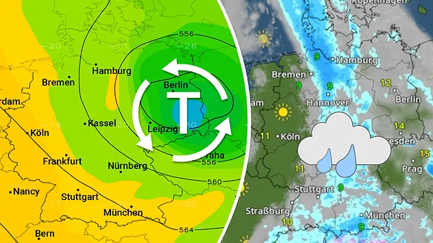 Karte mit Kaltlufttropfen über Deutschland und Regengebieten. WetterRadar zeigt verbreitete Schauer und kühlere Luft. Unbeständiges Wetter mit wechselnden Bedingungen.