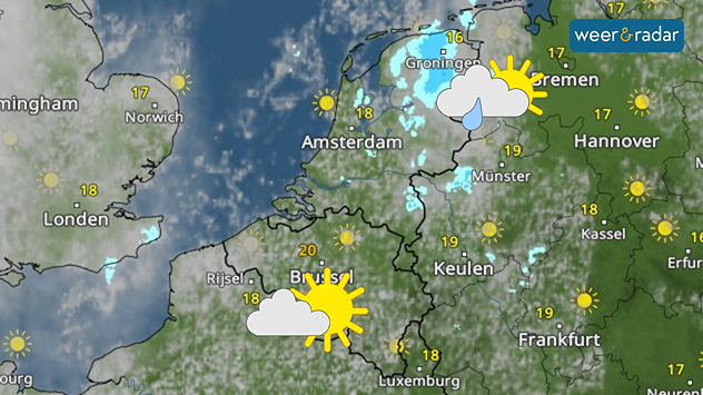 Wat zon, veel wolken en wat regen zijn ingetekend in het noorden van Nederland. Meer zon staat ingetekend boven België.