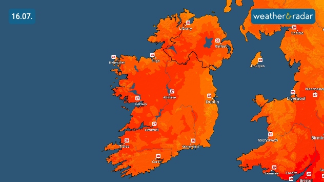 Temperature map of Ireland on 16.07 showing warm to hot conditions nationwide, with temperatures ranging from 23°C in Dublin and Galway to 28°C in Tralee, 27°C in Athlone and Limerick, and 26°C in Cork and Belfast.