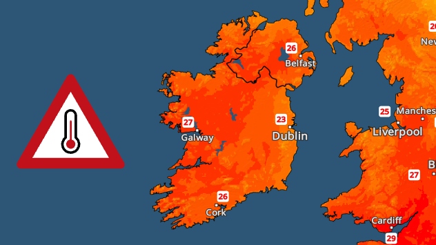 Temperature map of Ireland showing warm to hot conditions nationwide, with temperatures ranging from 27°C in Galway to 23°C in Dublin. A heat warning symbol to the west indicates elevated temperatures.