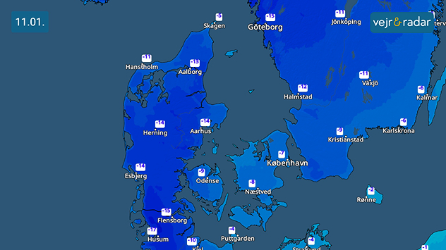 Temperaturkort over Danmark og det sydlige Skandinavien den 11. januar med udbredt streng frost og meget lave temperaturer.