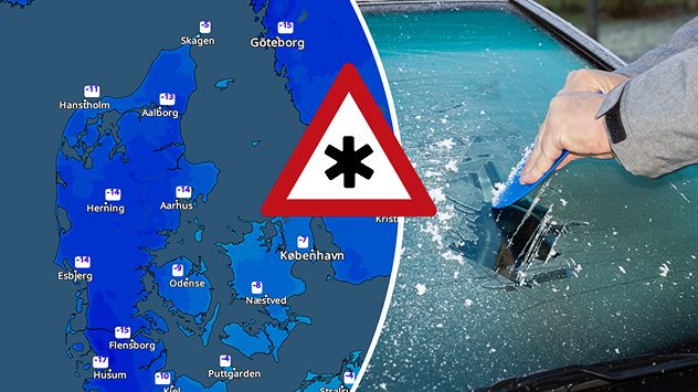 Kombineret grafik med temperaturkort over Danmark og advarsel om isslag, samt foto af is, der skrabes af en bilrude.