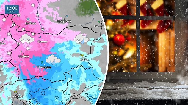 Метео карта за Коледа, показваща къде ще вали дъжд и къде валежа ще е сняг. От дясно имаме снимка която показва как вали сняг навън, а през прозорец се вижда как в къщата елхата е украсена.