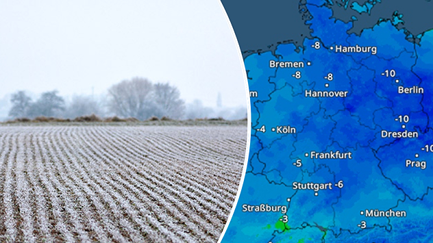 Mit Raureif bedecktes Feld bei Frost und TemperaturRadar