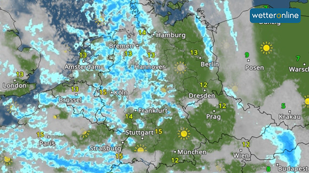 Wetterkarte mit Regen im Westen Deutschlands und Sonne im Osten. Temperaturen um 12 bis 15 Grad.