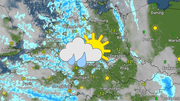 Wetterkarte mit Regen im Westen Deutschlands und Sonne im Osten. Temperaturen um 12 bis 15 Grad.