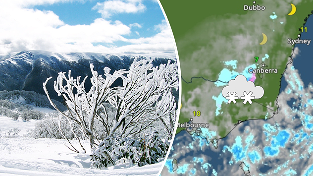 Dvoudílný obrázek: vlevo zasněžená horská krajina s jinovatkou, vpravo meteorologická mapa se symbolem sněhu a teplotami blížícími se nule v jihovýchodní Austrálii