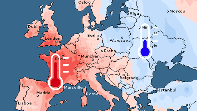 Op een weerkaart worden hoge temperaturen in West-Europa in het rood weergegeven en lage temperaturen in Oost-Europa in het blauw.