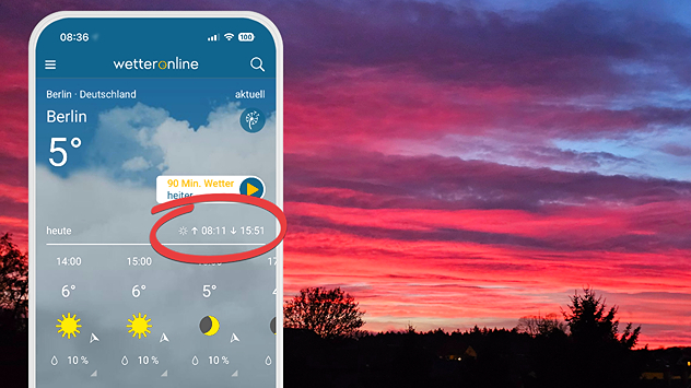 Abendrotz bei Schleiz /Thüringen. Im Vordergrund die WetterOnline App.