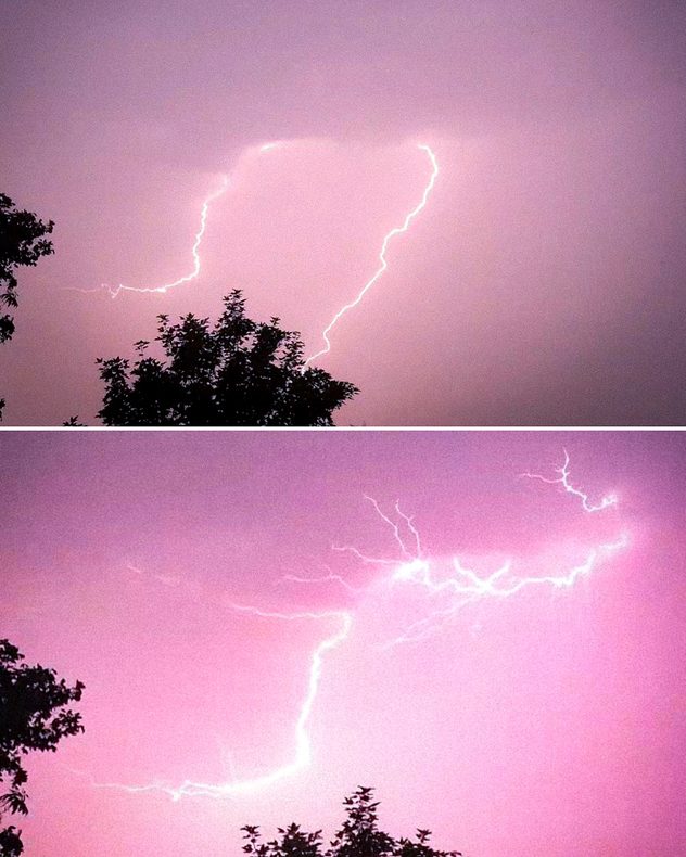 Split image showing two nighttime photographs of bright forked lightning illuminating pink-purple storm clouds above silhouetted trees, with branching lightning channels spreading across the sky.