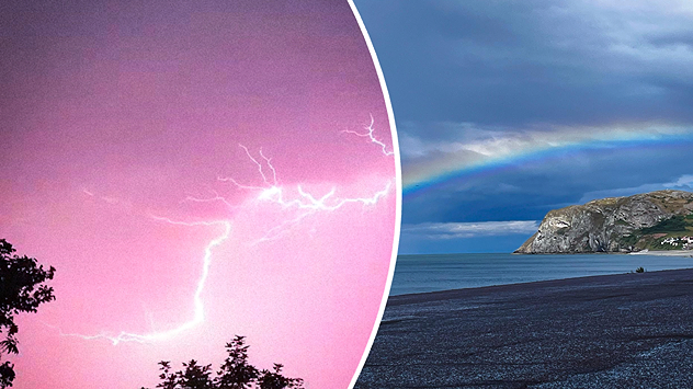Split image showing a bright branching lightning bolt illuminating pink storm clouds on the left and a vivid rainbow arching above a rocky coastline and calm sea beneath dark clouds on the right.