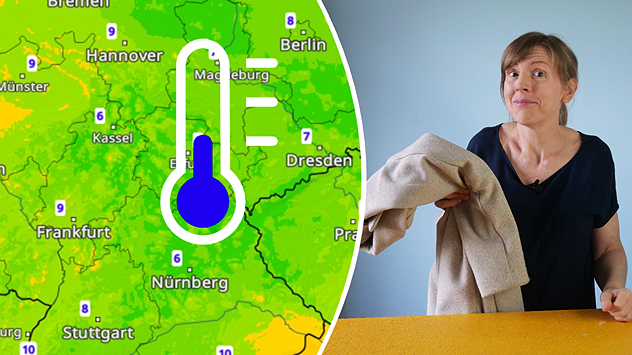 Geteiltes Bild: Links ist eine Deutschlandkarte mit Temperaturen zwischen etwa 6 und 10 Grad zu sehen. Ein großes blaues Thermometer symbolisiert die kühle Luft, besonders über der Mitte und dem Osten des Landes. Rechts hält eine Frau einen beigen Pullover in den Händen und blickt mit leicht fragendem Gesichtsausdruck in die Kamera – als Hinweis darauf, dass man morgens wieder eine Jacke oder einen Pullover braucht.