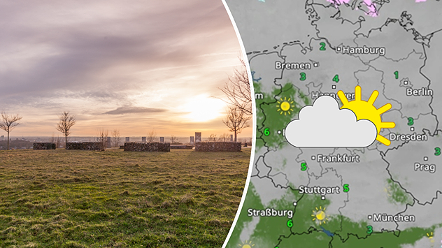 Geteilte Grafik: links eine Wiesenlandschaft mit tief stehender Sonne auf dem Tippelsberg in Bochum, rechts eine WetterRadar-Karte mit Sonne-Wolken-Symbolen.