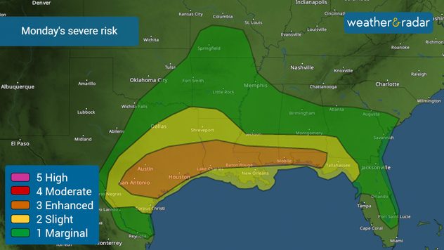 Monday's severe risk puts over 13 million people at risk - from central Texas through the Florida Panhandle
