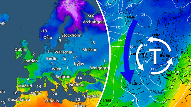 Europäische Wetterkarte mit flächendeckender Kaltluft und Tiefdruckwirbel. Pfeile markieren die Zufuhr polarer Luft nach Mittel- und Osteuropa.