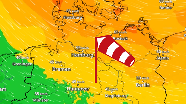 WindRadar zeigt starken bis stürmischen Wind im Nordosten Deutschlands.