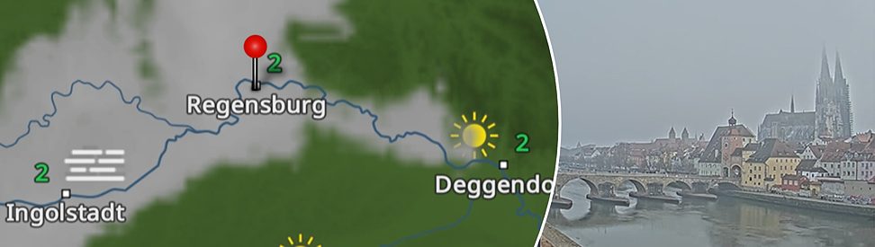 Wetterkarte mit Nebelzone an der Donau und Temperaturwerten. Rechts eine neblige Webcamaufnahme von Regensburg. Dom und Altstadt sind nur schemenhaft erkennbar. (c) R-KOM