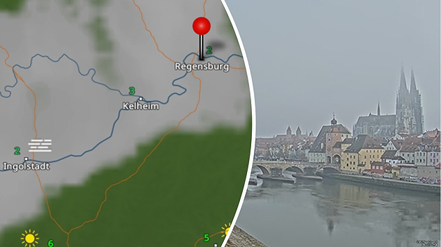 Wetterkarte mit Nebelzone an der Donau und Temperaturwerten. Rechts eine neblige Webcamaufnahme von Regensburg. Dom und Altstadt sind nur schemenhaft erkennbar.