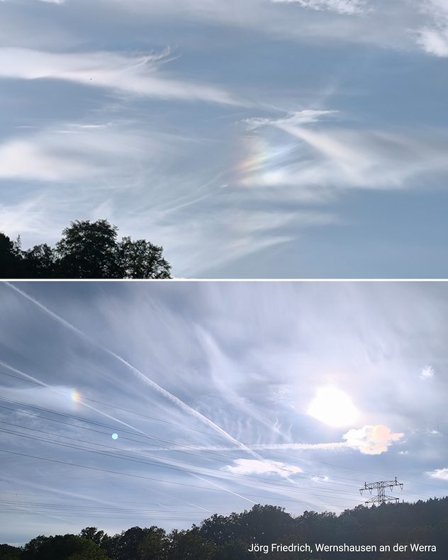 Zwei Aufnahmen von Nebensonnen in Schleierwolken über einer Landschaft mit Bäumen.