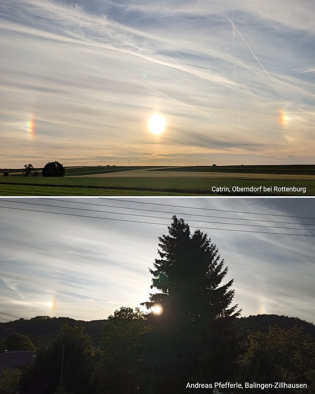 Zwei Landschaftsaufnahmen mit Nebensonnen neben der tief stehenden Sonne am Himmel.