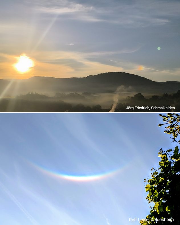 Zwei Himmelsaufnahmen mit Nebensonne und farbigem Halo in dünnen Schleierwolken.