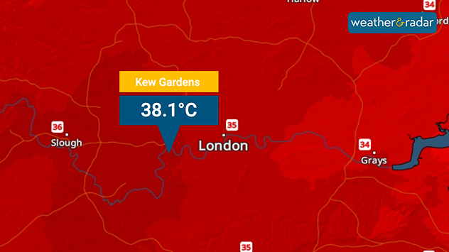 Temperature map of London showing 38.1°C at Kew Gardens, with surrounding readings of 35–36°C and deep red shading indicating extreme heat.