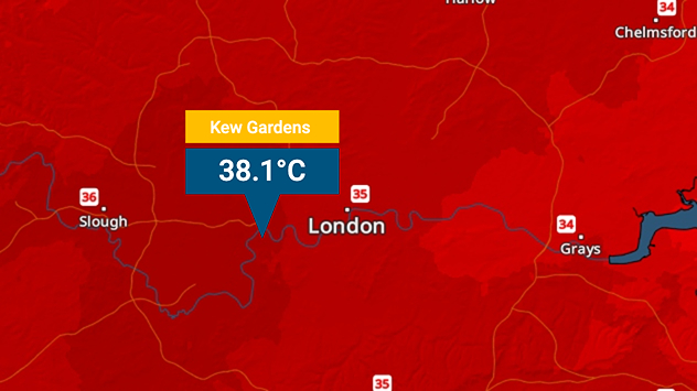 Temperature map of London showing 38.1°C at Kew Gardens, with surrounding readings of 35–36°C and deep red shading indicating extreme heat.