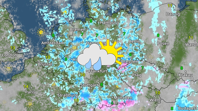 Wetterkarte mit Schneeregenband über Deutschland Niederschläge von Nordwest bis Südost sichtbar