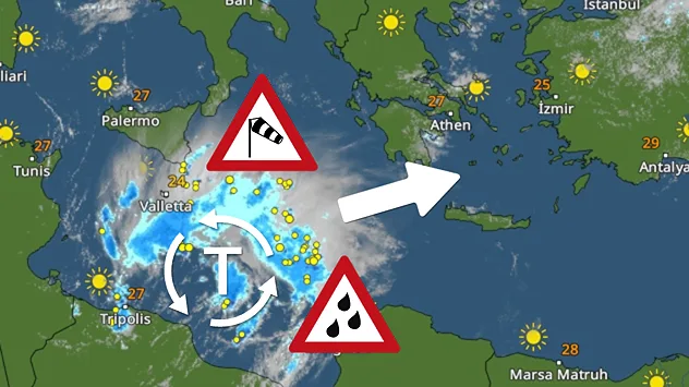 Wetterkarte zeigt kräftiges Tief im Mittelmeer mit Warnsymbolen vor Sturm und Starkregen.