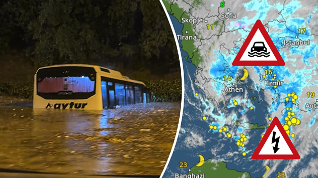 Slijeva, žuti autobus je potopljen u dubokim poplavnim vodama. Desno, vremenski radar prikazuje brojne grmljavinske oluje nad Grčkom i Turskom. Simboli upozorenja ukazuju na poplave i grmljavinske oluje.