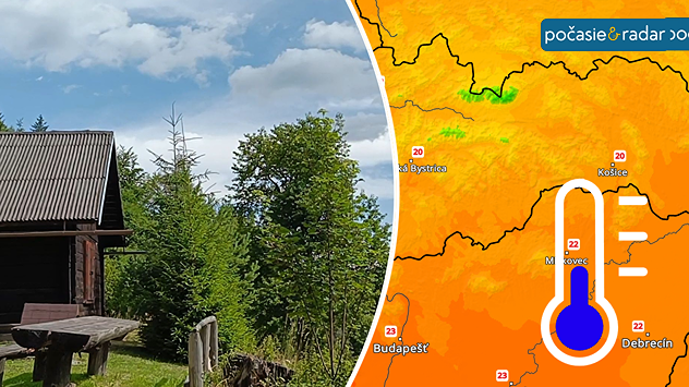 Vľavo chatka v lese a vpravo snímka z teplotného radaru.