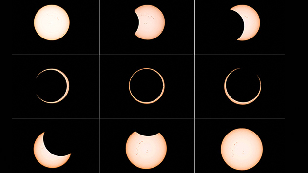 Diese Sequenz der Osterinsel zeigt, wie sich der Mond langsam vor die Sonne schiebt.