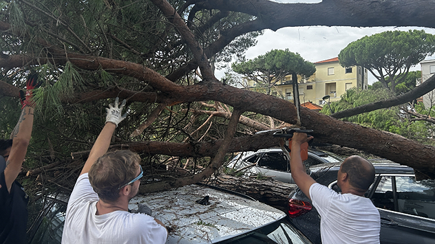 Uprooted trees and helpers sawing logs after a storm in Milano Marittima.