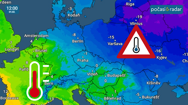 Teplotní radar nad Evropou, screenshot, 1. 2. 12:00: Část střední Evropy o víkendu od severovýchodu pohltí výrazně mrazivý vzduch. Částečně zasaženo bude i Česko.