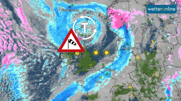 Im WetterRadar ist die Wolkenspirale des Orkantiefs gut zu erkennen.
