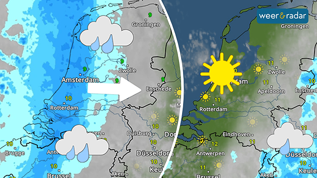 Een regengebied trekt van west naar oost over het land. Dat is te zien op de linkerafbeelding. Twee regenwolken zijn ingetekend en een pijl toont de trekrichting van de regen. De rechterafbeelding toont felle opklaringen met in het westen een ingetekende zon, in het oosten nog een wolk met wat regen.