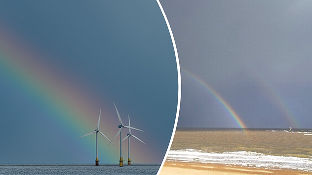 A split image shows two rainbow scenes: on the left, a rainbow arcs above offshore wind turbines against a dark grey sky; on the right, a double rainbow appears over the sea with waves breaking onto a sandy beach.