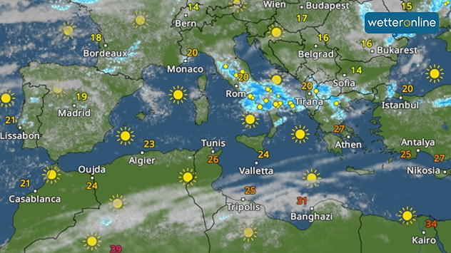 WetterRadar des Mittelmeerraums mit Sonnensymbolen und Temperaturangaben.