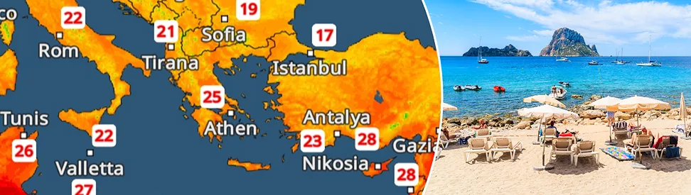 Strand am Mittelmeer mit Liegen und Sonnenschirmen neben einer Wetterkarte Europas.