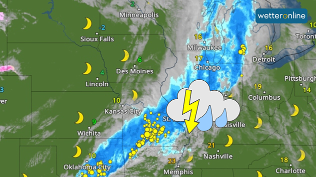 Nacht-Wetterkarte der USA mit Regenband und vielen Gewittern zwischen Kansas City und St. Louis, sonst teils trocken und unterschiedlich bewölkt.