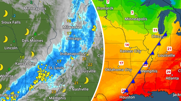 Zweiteilige Wetterkarte der USA: links Regenband mit Gewittern bei St. Louis in der Nacht, rechts Temperaturunterschiede mit Kaltfront zwischen kühler Luft im Westen und warmer Luft im Osten.