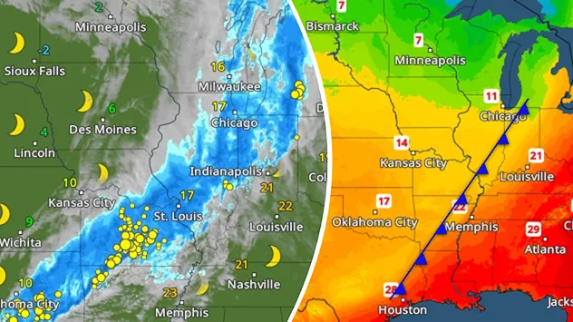 Zweiteilige Wetterkarte der USA: links Regenband mit Gewittern bei St. Louis in der Nacht, rechts Temperaturunterschiede mit Kaltfront zwischen kühler Luft im Westen und warmer Luft im Osten.