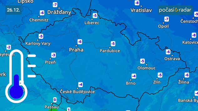 Předpověď minimálních teplot v Česku na pátek 26. 12. Noc na pátek bude v Česku mrazivá – minimální teploty poklesnou nejčastěji k hodnotám mezi −4 a −9 °C.