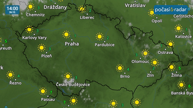 Meteoradar, screenshot, 26. 12. 2025: Pátek do Česka přinese převážně slunečné počasí s denními teplotami většinou slabě nad nulou.