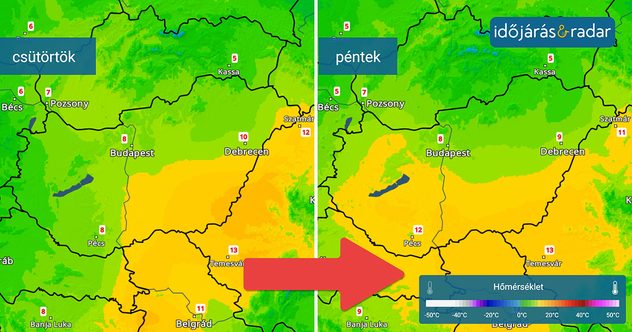 Hőmérsékleti térkép kora tavaszias értékekkel
