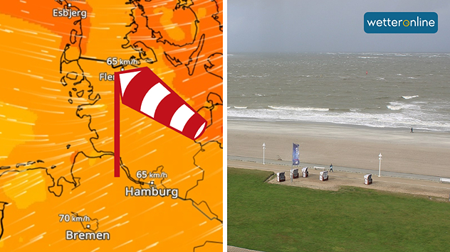 Linke Grafik zeigt die voraussichtlichen Windspitzen im Norden. Es sind Sturmböen bis 80 km/h möglich.